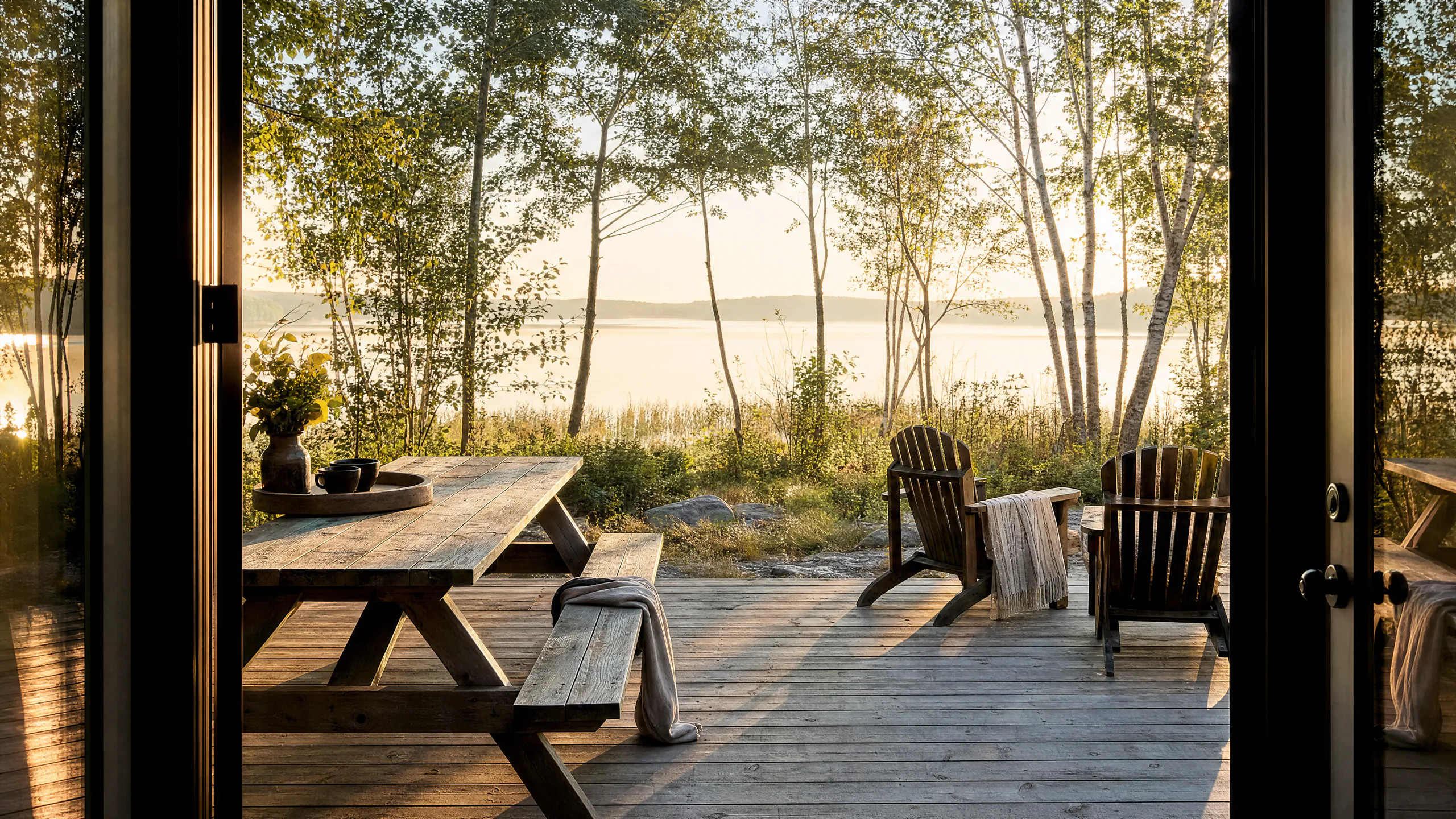 Enhanced lakeside vacation-rental deck overlooking the water